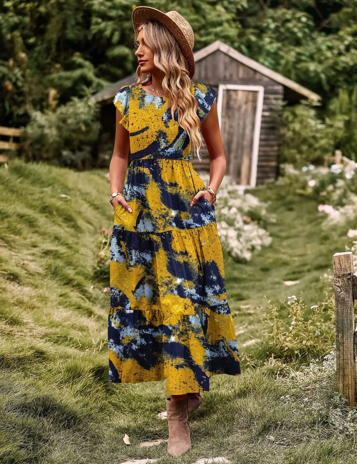 YESNO Women Summer Dresses Ruffle Cap Sleeve Casual Dress Boho Smocked Bodice Floral Dress with Pockets E05