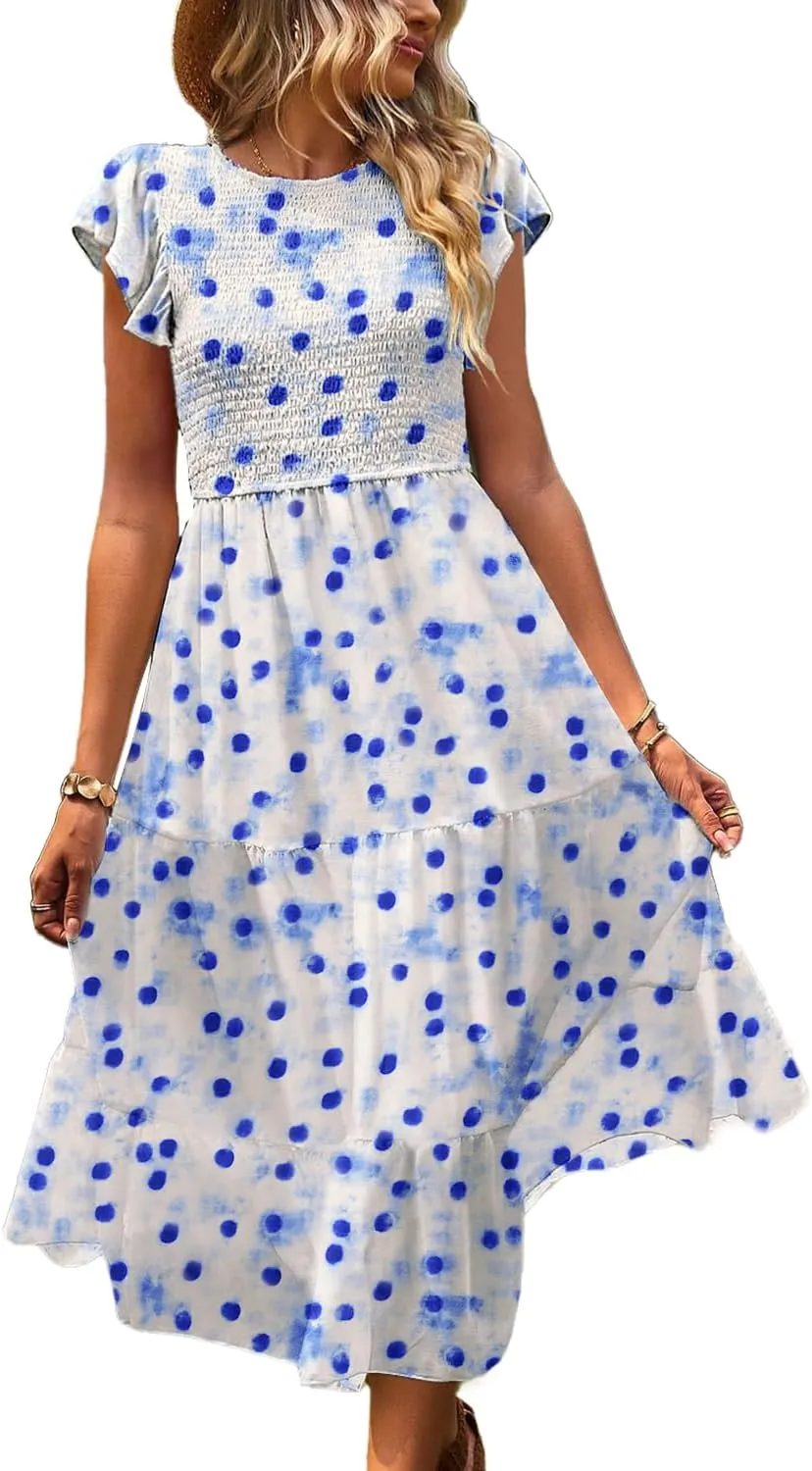 YESNO Women Summer Dresses Ruffle Cap Sleeve Casual Dress Boho Smocked Bodice Floral Dress with Pockets E05