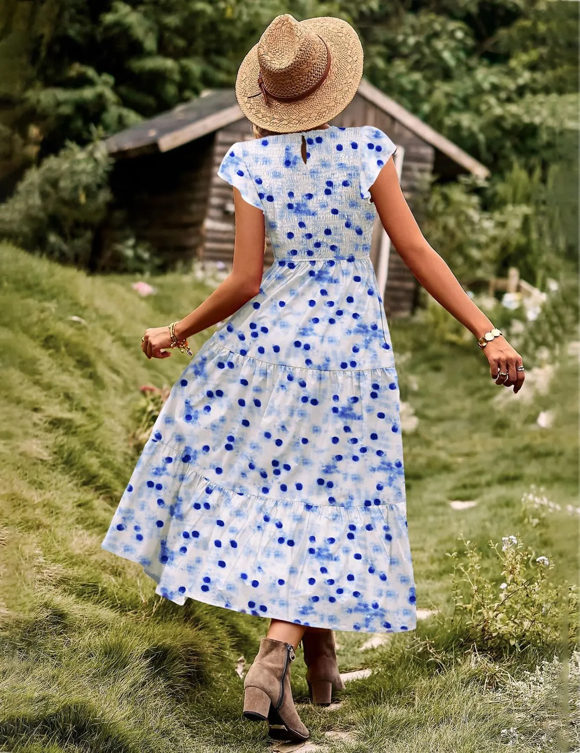 YESNO Women Summer Dresses Ruffle Cap Sleeve Casual Dress Boho Smocked Bodice Floral Dress with Pockets E05