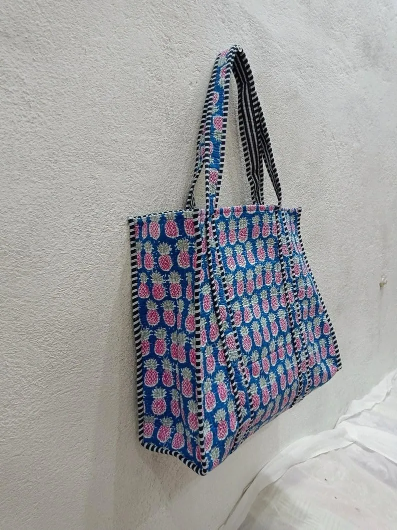 YILLE Indian Design Tote Bag Handmade Block Quilted Fabric Stitch Bag Inside 1 Pocket Good For Shopping Bag Market Picnic