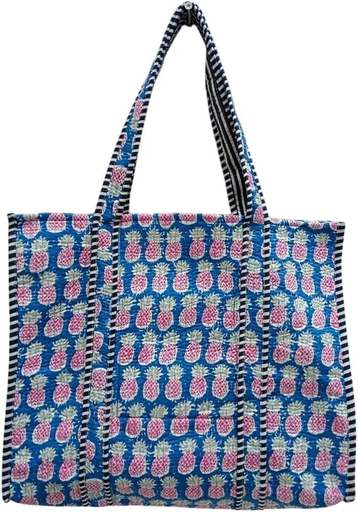 YILLE Indian Design Tote Bag Handmade Block Quilted Fabric Stitch Bag Inside 1 Pocket Good For Shopping Bag Market Picnic