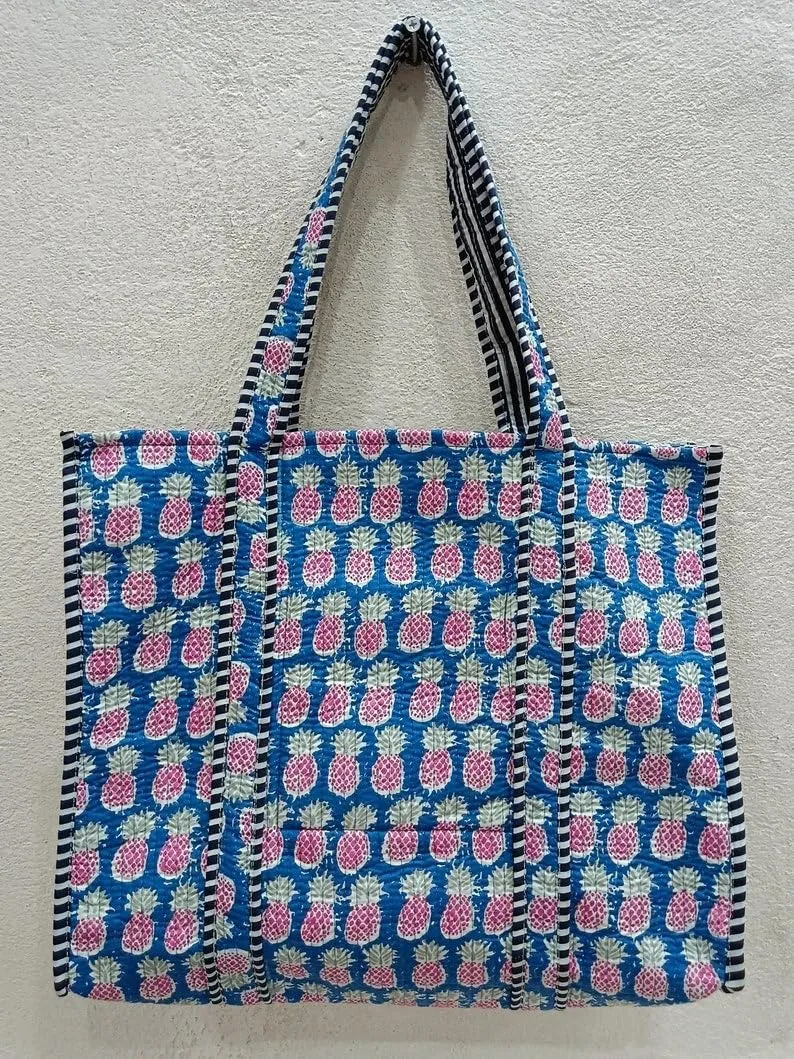 YILLE Indian Design Tote Bag Handmade Block Quilted Fabric Stitch Bag Inside 1 Pocket Good For Shopping Bag Market Picnic