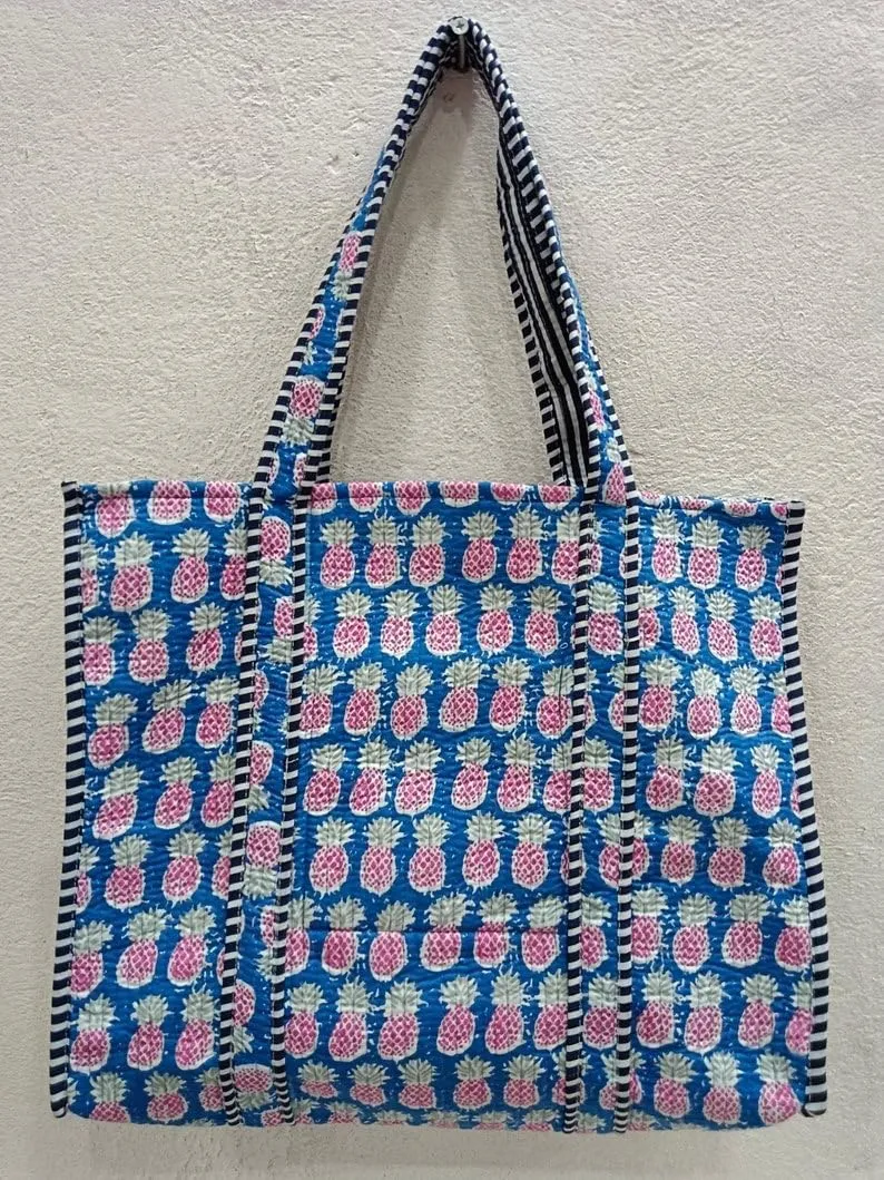 YILLE Indian Design Tote Bag Handmade Block Quilted Fabric Stitch Bag Inside 1 Pocket Good For Shopping Bag Market Picnic