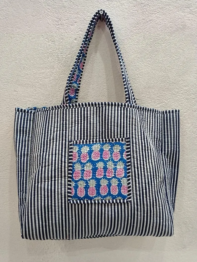 YILLE Indian Design Tote Bag Handmade Block Quilted Fabric Stitch Bag Inside 1 Pocket Good For Shopping Bag Market Picnic