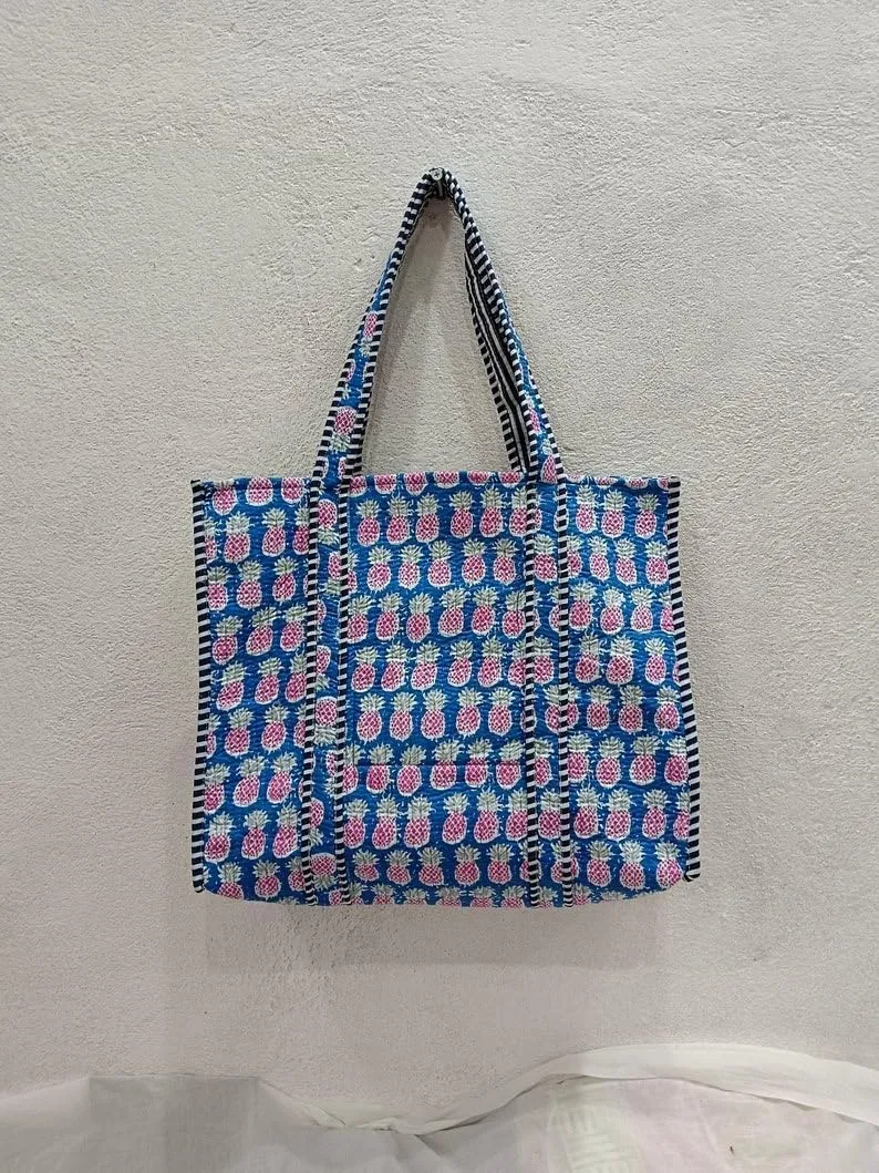YILLE Indian Design Tote Bag Handmade Block Quilted Fabric Stitch Bag Inside 1 Pocket Good For Shopping Bag Market Picnic
