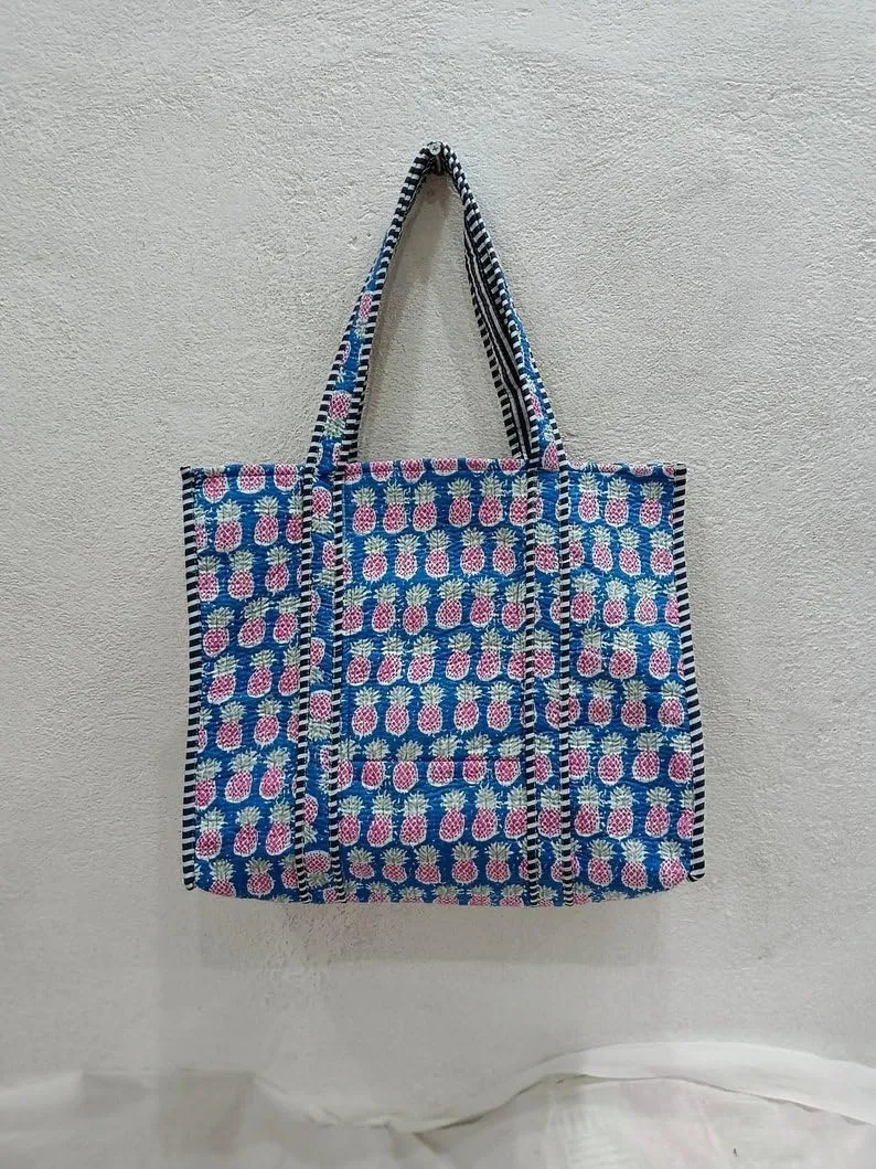 YILLE Indian Design Tote Bag Handmade Block Quilted Fabric Stitch Bag Inside 1 Pocket Good For Shopping Bag Market Picnic