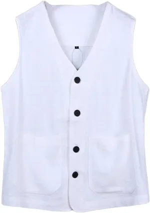 Ystylee Men's Linen Vest Button Down Lightweight Solid Color Sleeveless Shirts Fishing Safari Travel Outwear with Pockets