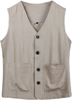 Ystylee Men's Linen Vest Button Down Lightweight Solid Color Sleeveless Shirts Fishing Safari Travel Outwear with Pockets