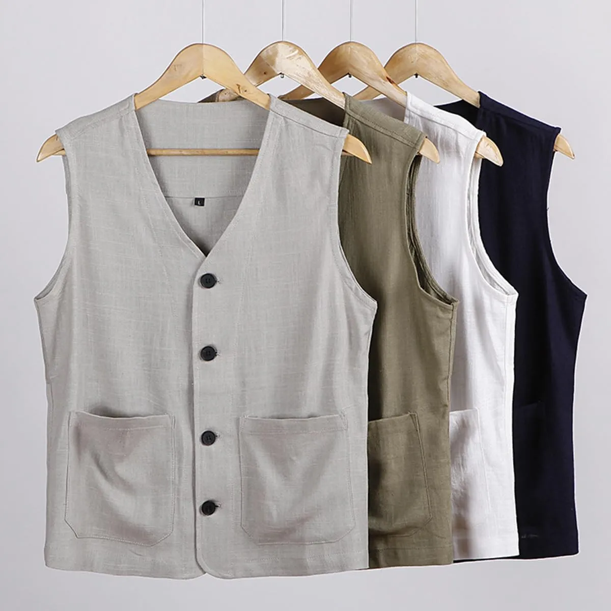 Ystylee Men's Linen Vest Button Down Lightweight Solid Color Sleeveless Shirts Fishing Safari Travel Outwear with Pockets