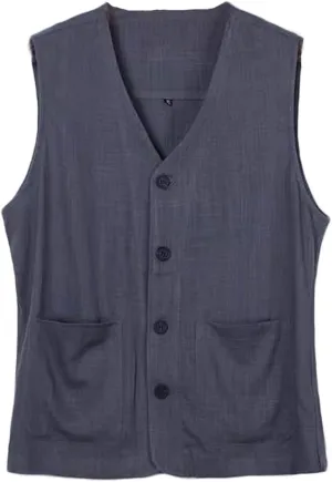 Ystylee Men's Linen Vest Button Down Lightweight Solid Color Sleeveless Shirts Fishing Safari Travel Outwear with Pockets