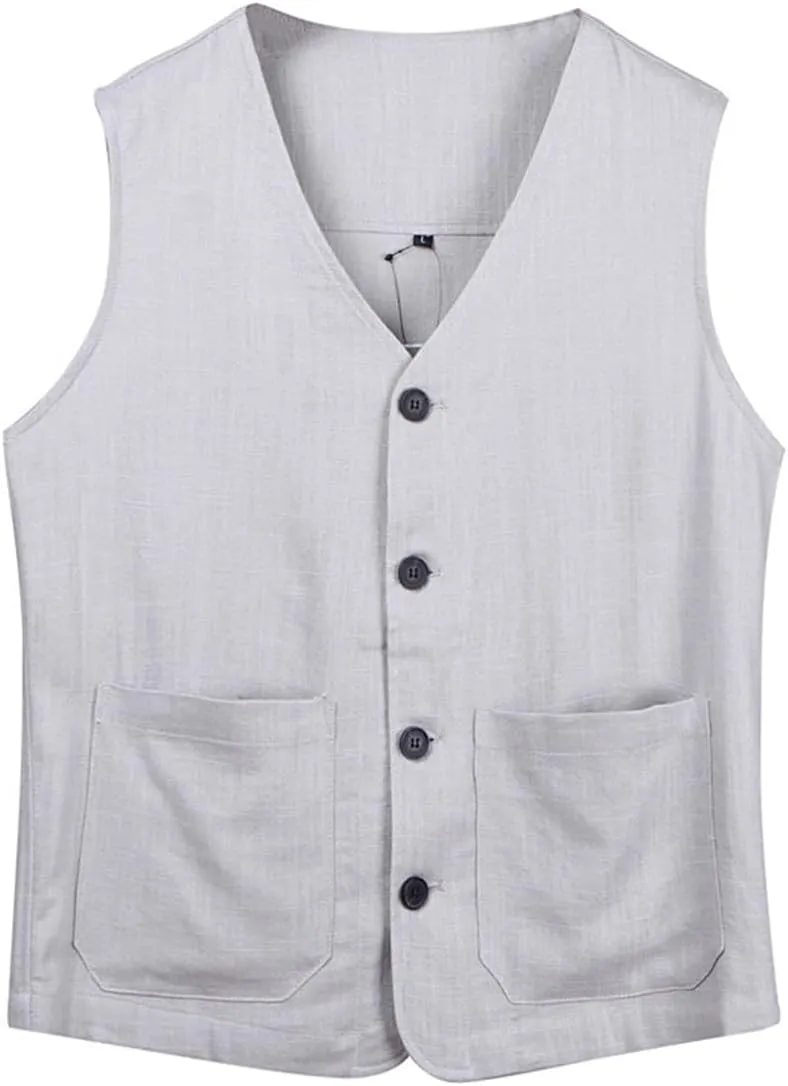 Ystylee Men's Linen Vest Button Down Lightweight Solid Color Sleeveless Shirts Fishing Safari Travel Outwear with Pockets