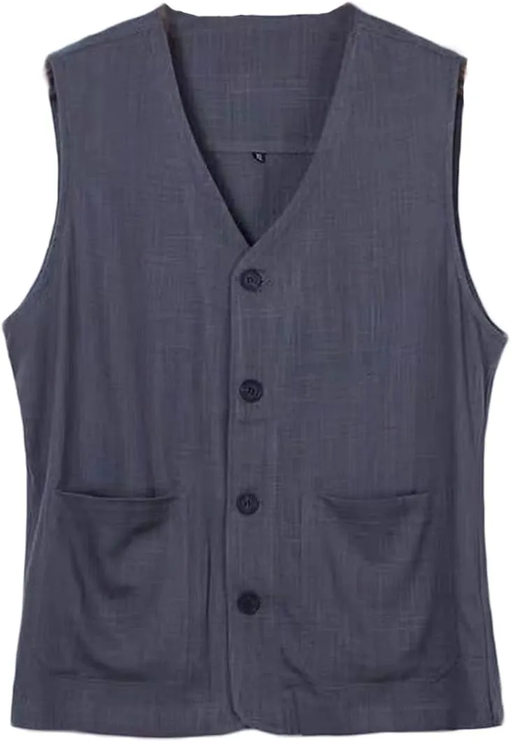 Ystylee Men's Linen Vest Button Down Lightweight Solid Color Sleeveless Shirts Fishing Safari Travel Outwear with Pockets