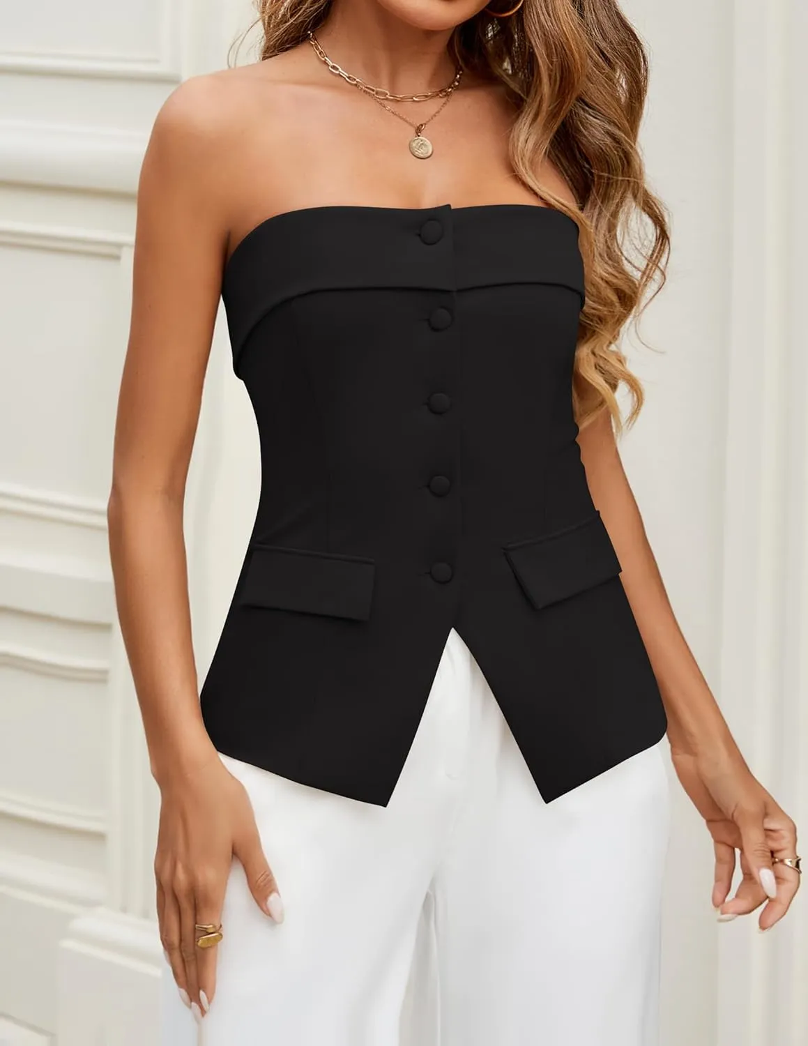 ZESICA Women's 2025 Trendy Strapless Blazer Vests Summer Dressy Tube Vest Tops Elegant Clothes