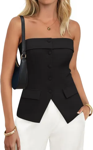ZESICA Women's 2025 Trendy Strapless Blazer Vests Summer Dressy Tube Vest Tops Elegant Clothes
