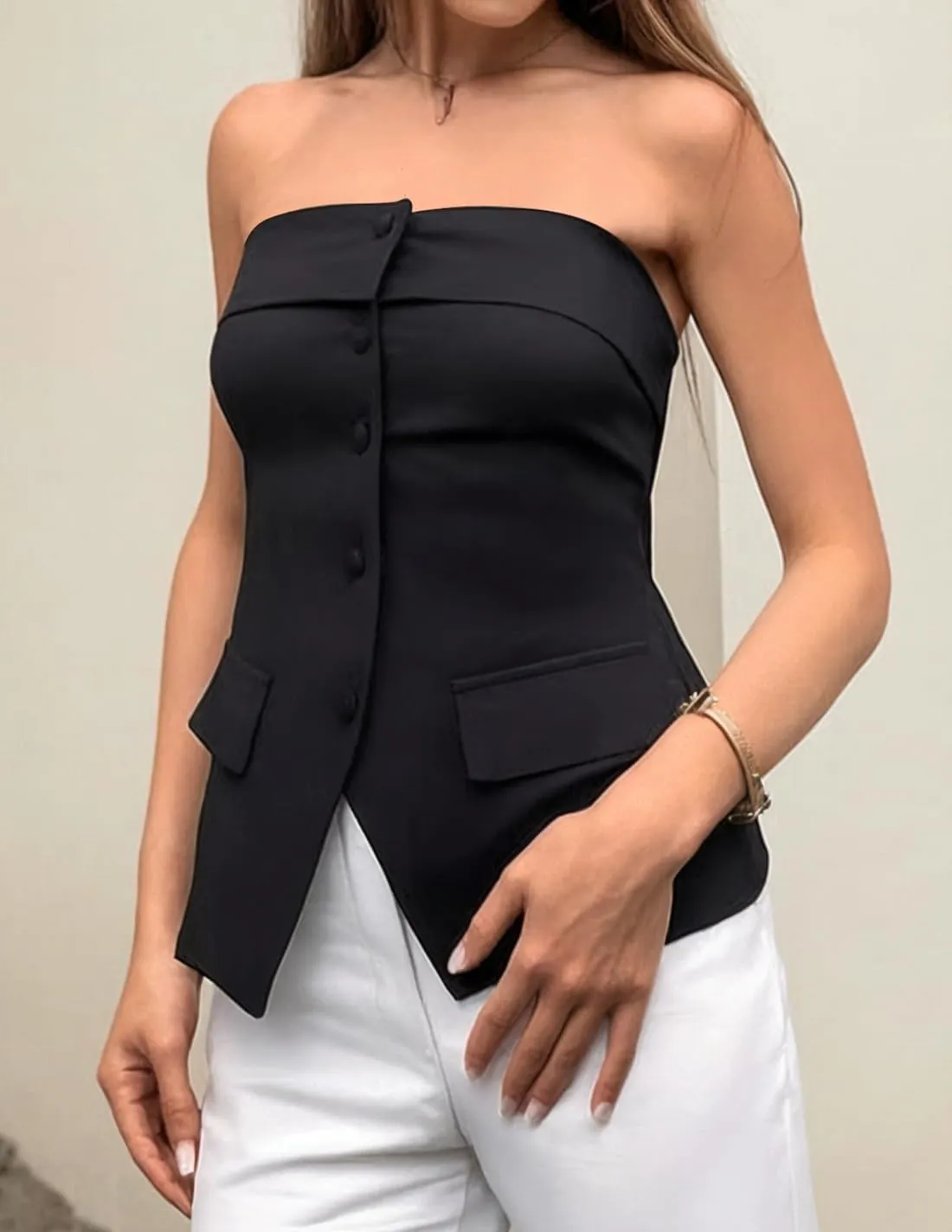 ZESICA Women's 2025 Trendy Strapless Blazer Vests Summer Dressy Tube Vest Tops Elegant Clothes