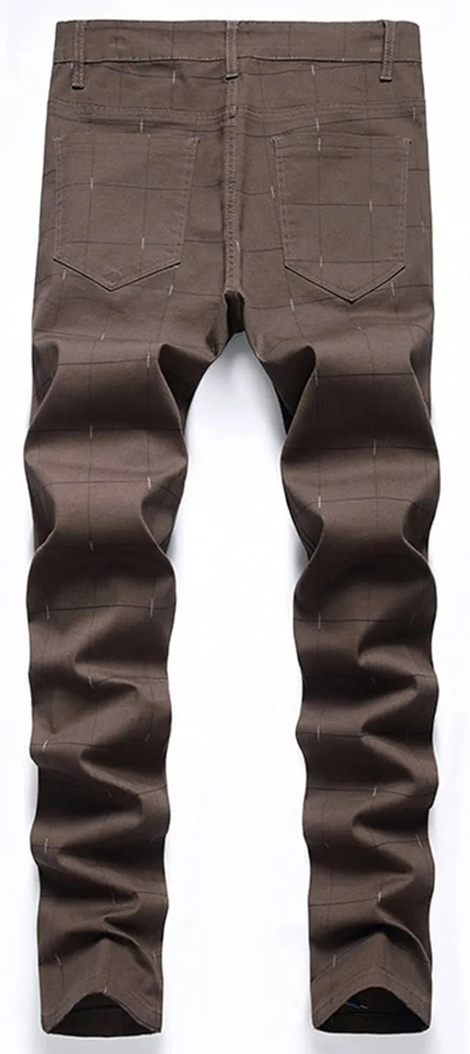 ZYXTIM Men Plaid Jeans,Slim Fit Straight Leg Zipper Fly Check Denim Pants, Big&Tall Casual Smart Chino Trousers Pencil Pants